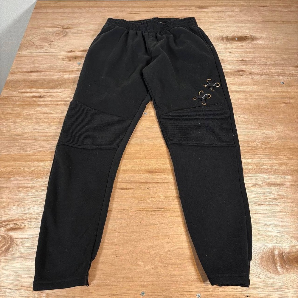 Red Ape Mens Moto Jogger Sweatpants Black Ribbed Knee Lace Up Detail Size M